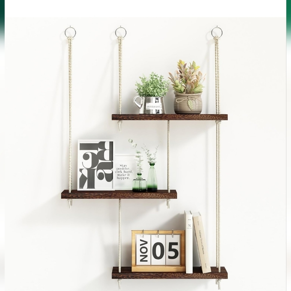 Brown Hanging Wall 3 Shelves Floating Shelf  NIB